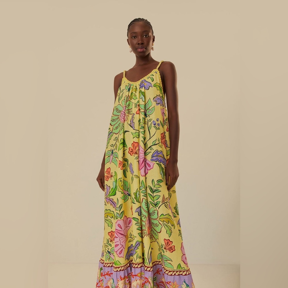 Farm Rio Yellow Floral Insects Flowy Maxi Dress Size Small Sleeveless NWT - Picture 5 of 15